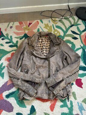 Doma Taupe Distressed Leather Moto Jacket